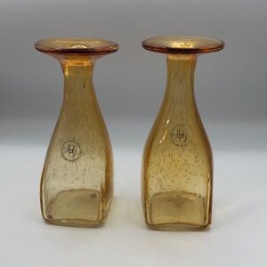Margie's Garden West Lake CA Hand Blown Amber Bubble Glass Candle Holders /Vases